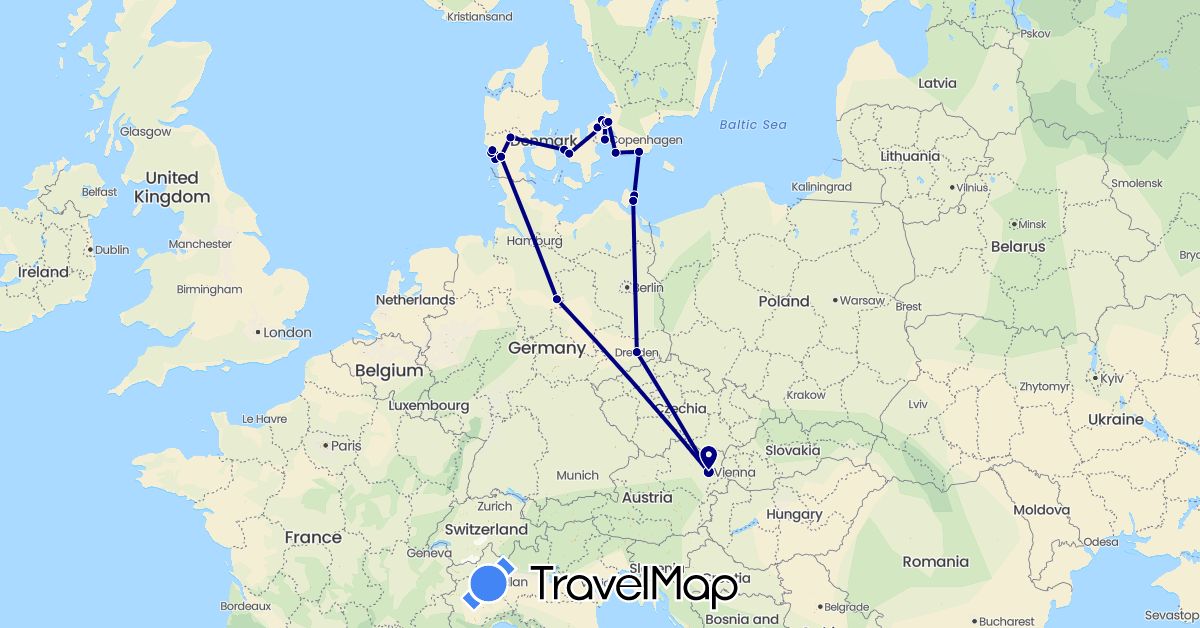 TravelMap itinerary: driving in Austria, Germany, Denmark, Sweden (Europe)